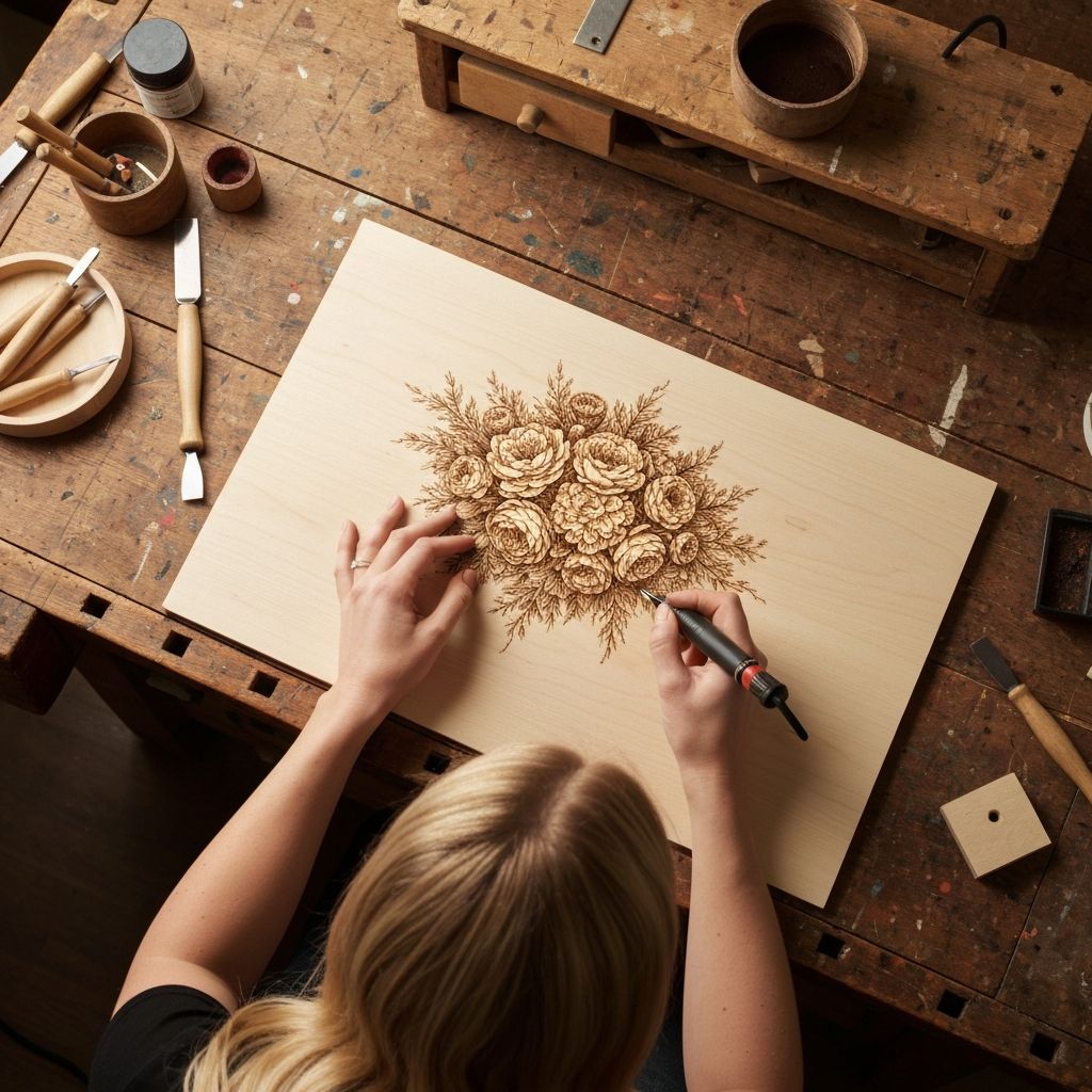 Artisan at work creating wood burning art
